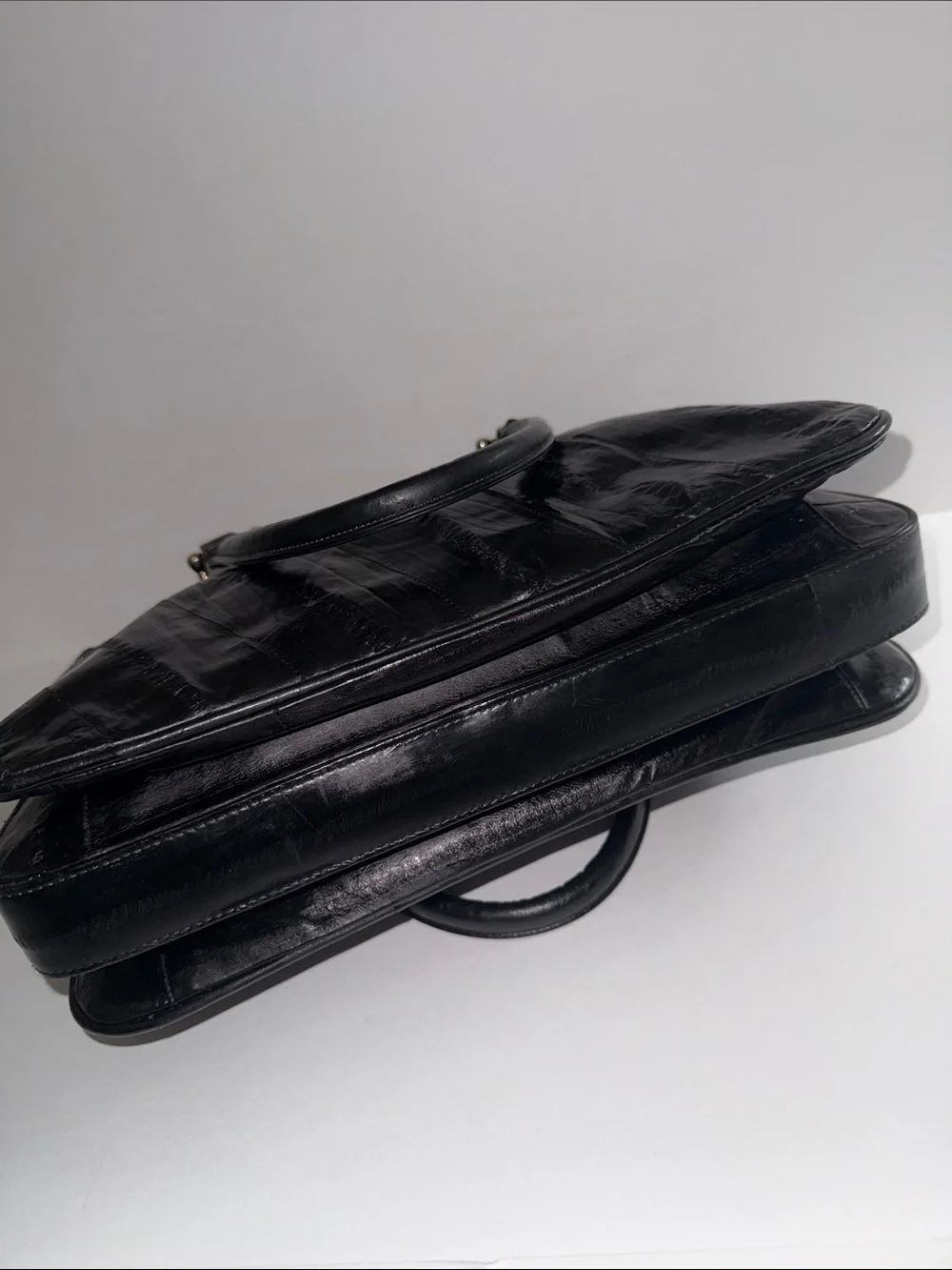 Vintage 80’s Black Eel Leather Accordion Satchel with Gold Hardware